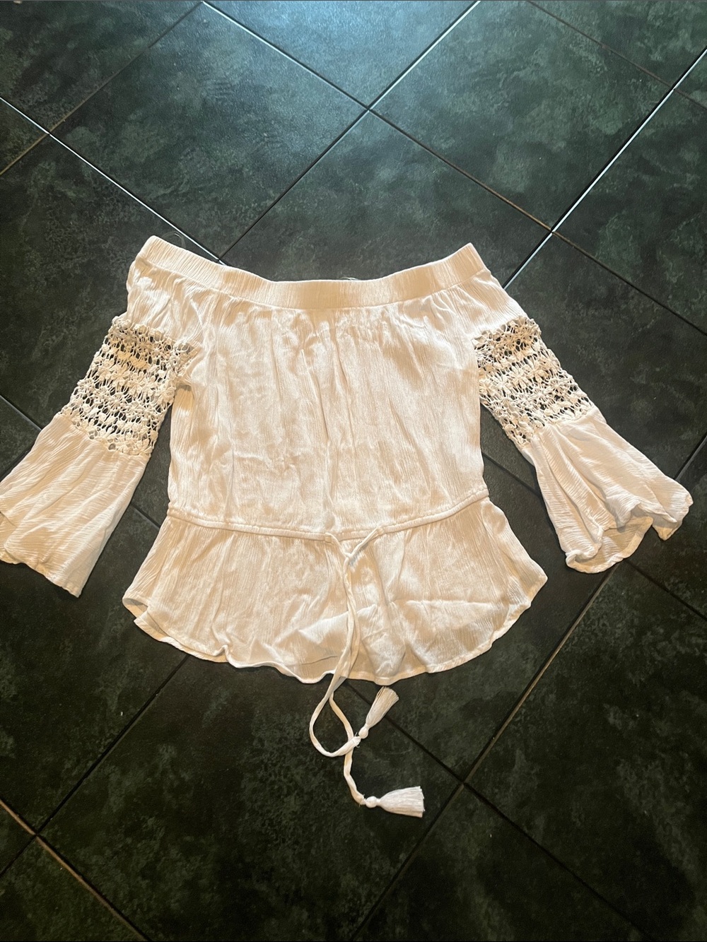 Blush White Off-Shoulder Peasant Top with Smocked Bell Sleeves